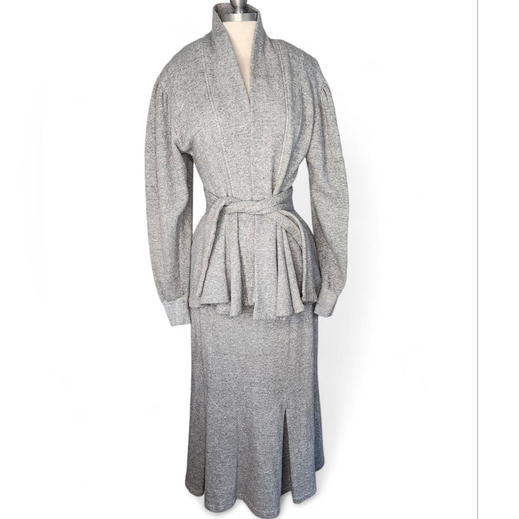 1980s Norma Kamali Vintage Gray Sweatshirt Jacket Size L And Skirt Size M